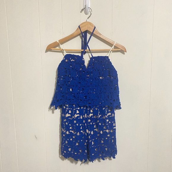 NWT J.O.A Los Angeles Romper Halter Neck Cobalt Blue Lace Size Small - Picture 2 of 16